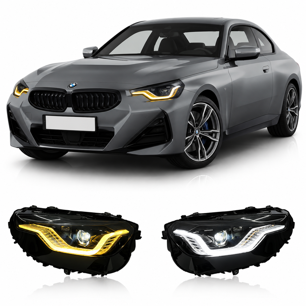 Vekto V2 Golden Smoked dual color LED headlights assembly for BMW 2 Series G42 (2022–2026), showing front view with smoked lens