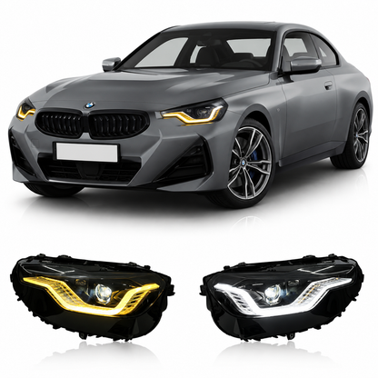Vekto V2 Golden Smoked dual color LED headlights assembly for BMW 2 Series G42 (2022–2026), showing front view with smoked lens