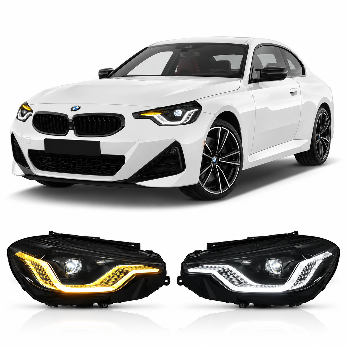 Vekto V2 Exclusive Shadow dual-color LED headlights for BMW G42 2022-2026, showcasing sleek design and advanced lighting features.