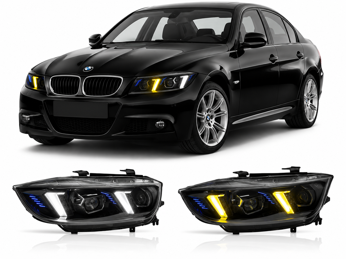 Vekto dual-color laser LED headlights for BMW 3 Series E90 2005-2012, showing sleek headlight assembly with bright illumination.