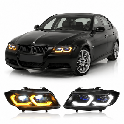 Vekto dual color LED headlights assembly for BMW 3 Series E90, 2005-2012, featuring modern LED lighting for 320i, 330i, 328i models.
