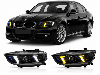 Dual-color LED headlights for BMW 3 Series E90 (2005-2012) by Vekto, showing front view with illuminated dual-tone lights.