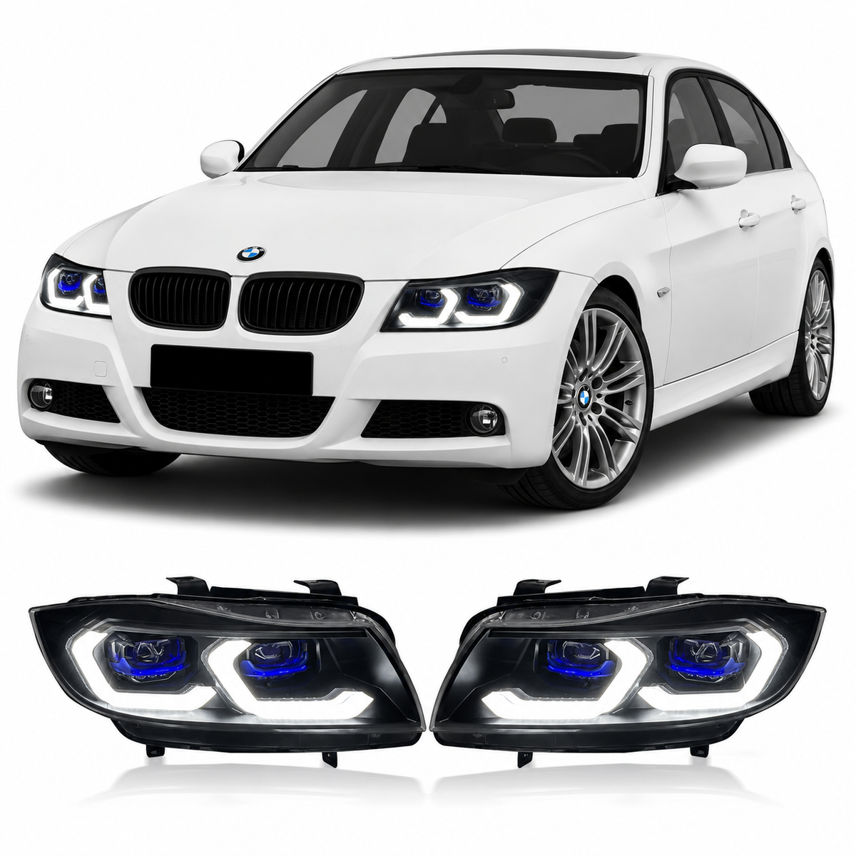 Vekto IKON dual-color laser LED headlights installed on a BMW E90 3 Series front view, showcasing modern automotive lighting.