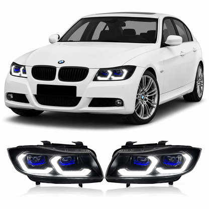 Vekto IKON dual-color laser LED headlights installed on a BMW E90 3 Series front view, showcasing modern automotive lighting.