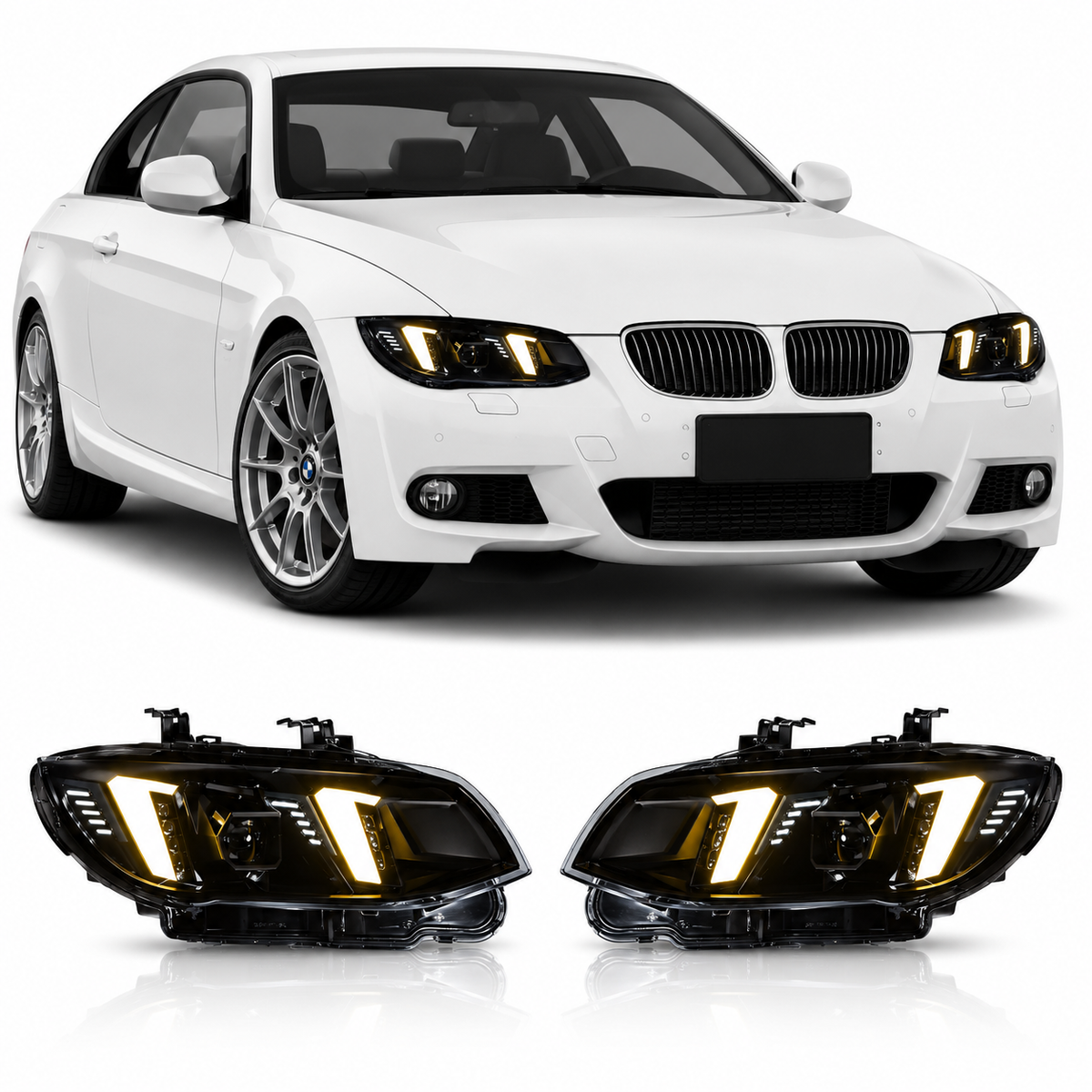 Vekto Snake Eye LED headlights for BMW E92/E93 3 Series LCI 2010-2013, showing sleek, modern headlight design.