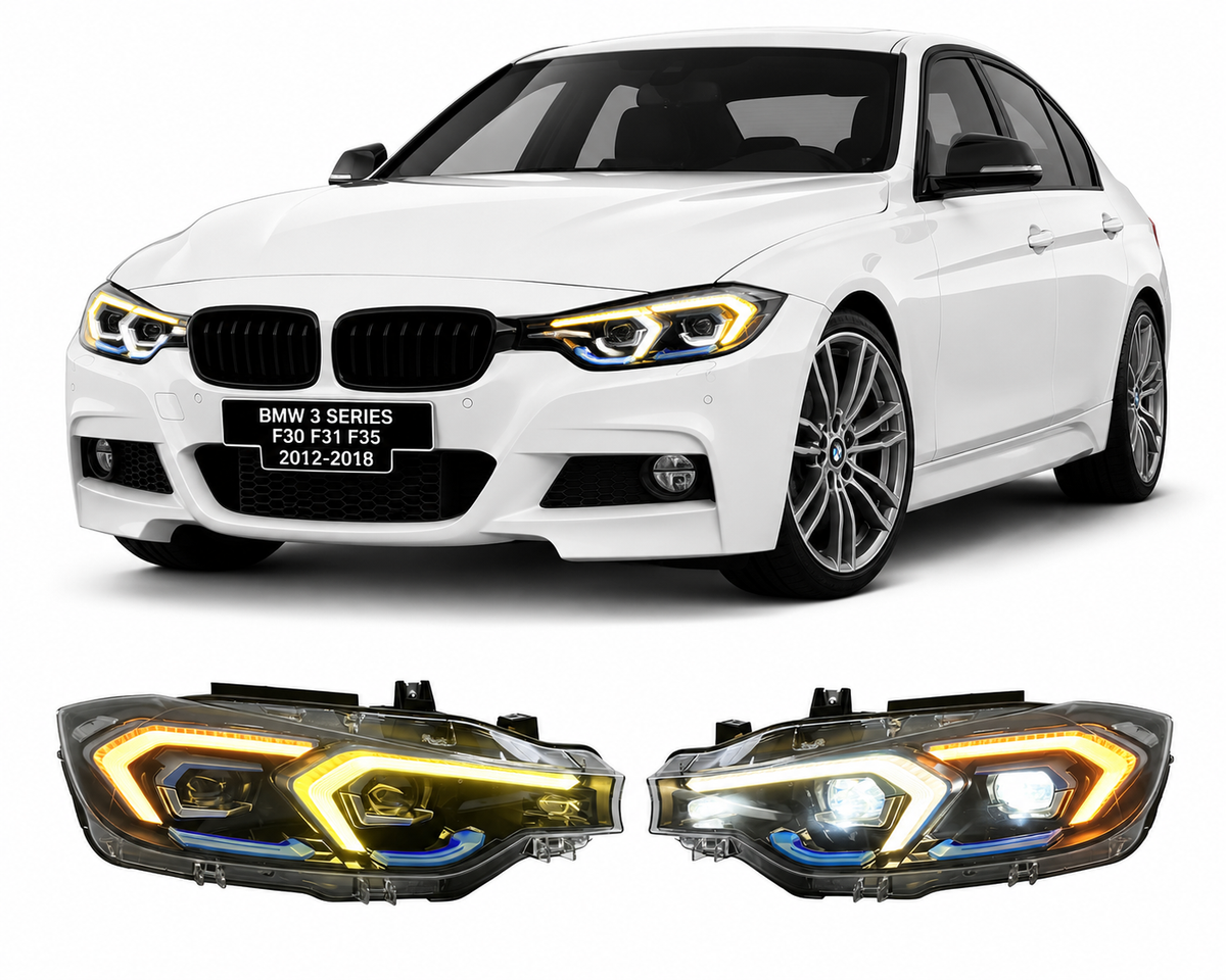 Vekto V2 dual-color LED headlights for BMW F30 F31 F35 3 Series 2012-2018, showing front view with illuminated lights.