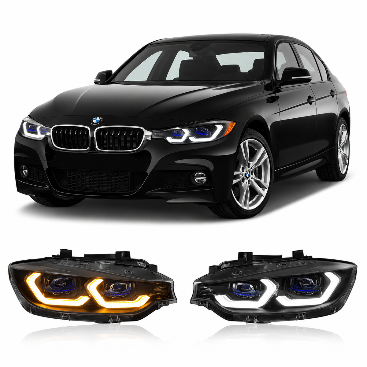 Vekto Laser Style LED headlights assembly for BMW 3 Series F30 F35 (2012–2019) showing sleek headlight design with LED accents.