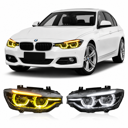 Vekto three-color LED headlights for BMW 3 Series F30 F35 (2013-2018), showing the modern headlight design with colorful accents.