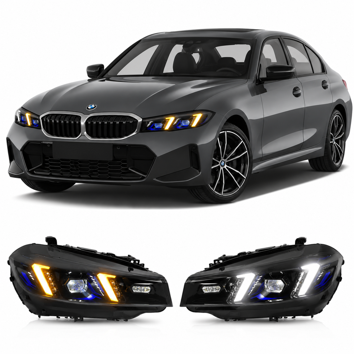 Vekto Snake Eye dual-color LED headlights for BMW 3 Series G20 G28 2023-2024, front view showing sleek design and lighting features