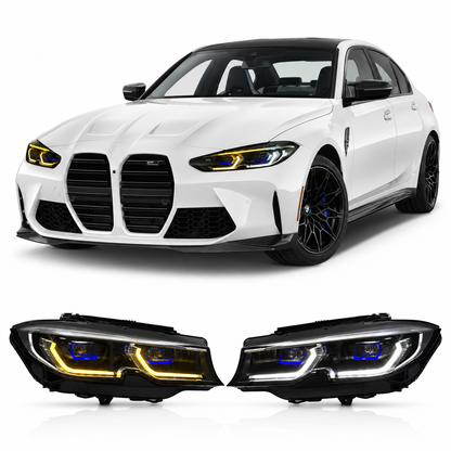 Vekto laser triple-color LED headlights for BMW 3 Series G20/G28 and M3 G80, showcasing modern headlight design and vibrant lighting.