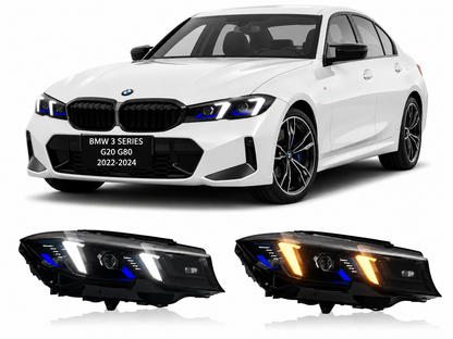Vekto Snake Eyes Laser LED headlights for BMW 3 Series G20 and M3 G80, 2022-2024, showing sleek headlight design with LED and laser elements.