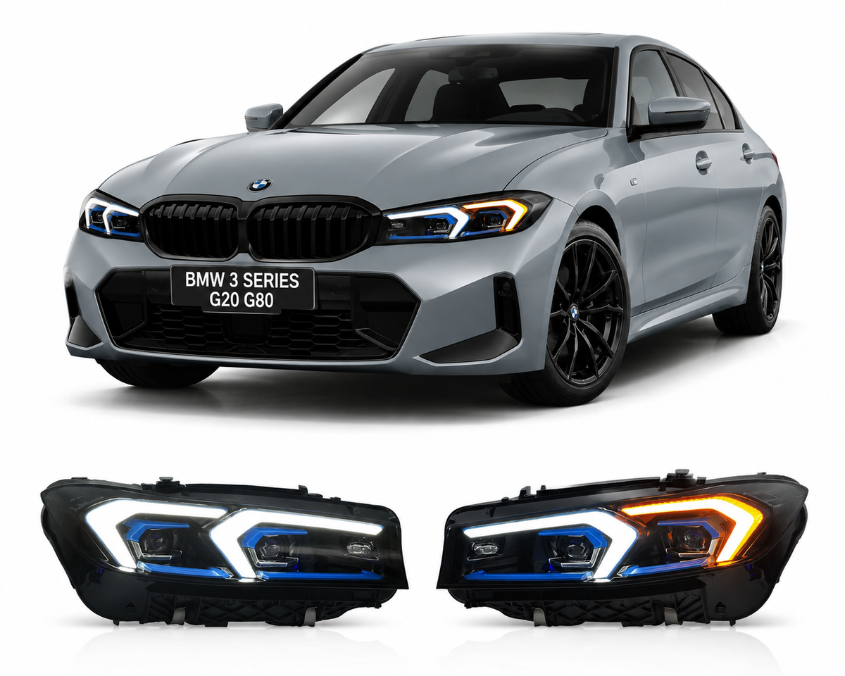 Vekto LED laser headlights for BMW G20 G80 2023-2025, featuring DRL in yellow and white for BMW 3 Series models.