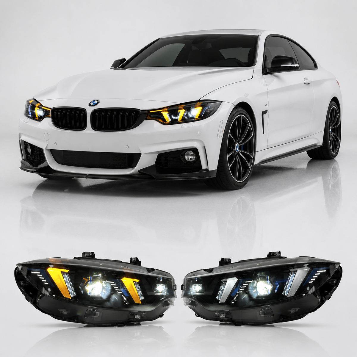 Vekto LED headlight assembly for BMW 4 Series F32/F82 with snake eye style, dual color daytime running lights, plug-and-play installation