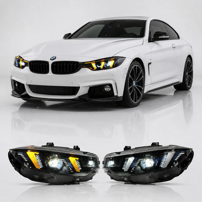 Vekto LED headlight assembly for BMW 4 Series F32/F82 with snake eye style, dual color daytime running lights, plug-and-play installation