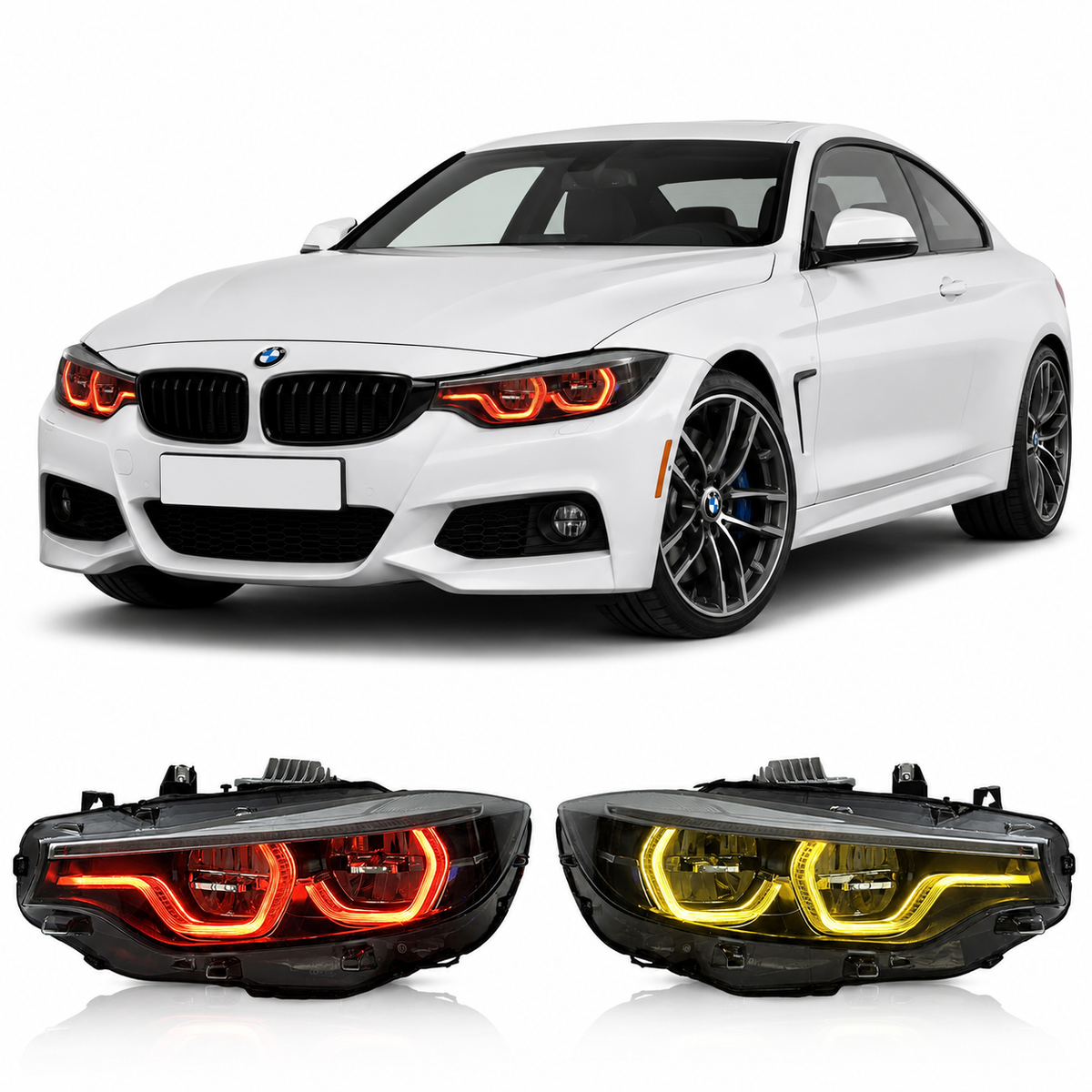 Vekto V3 IKON triple-color LED headlights for BMW 4 Series F32, F33, F36, F80, F82, showing modern headlight design