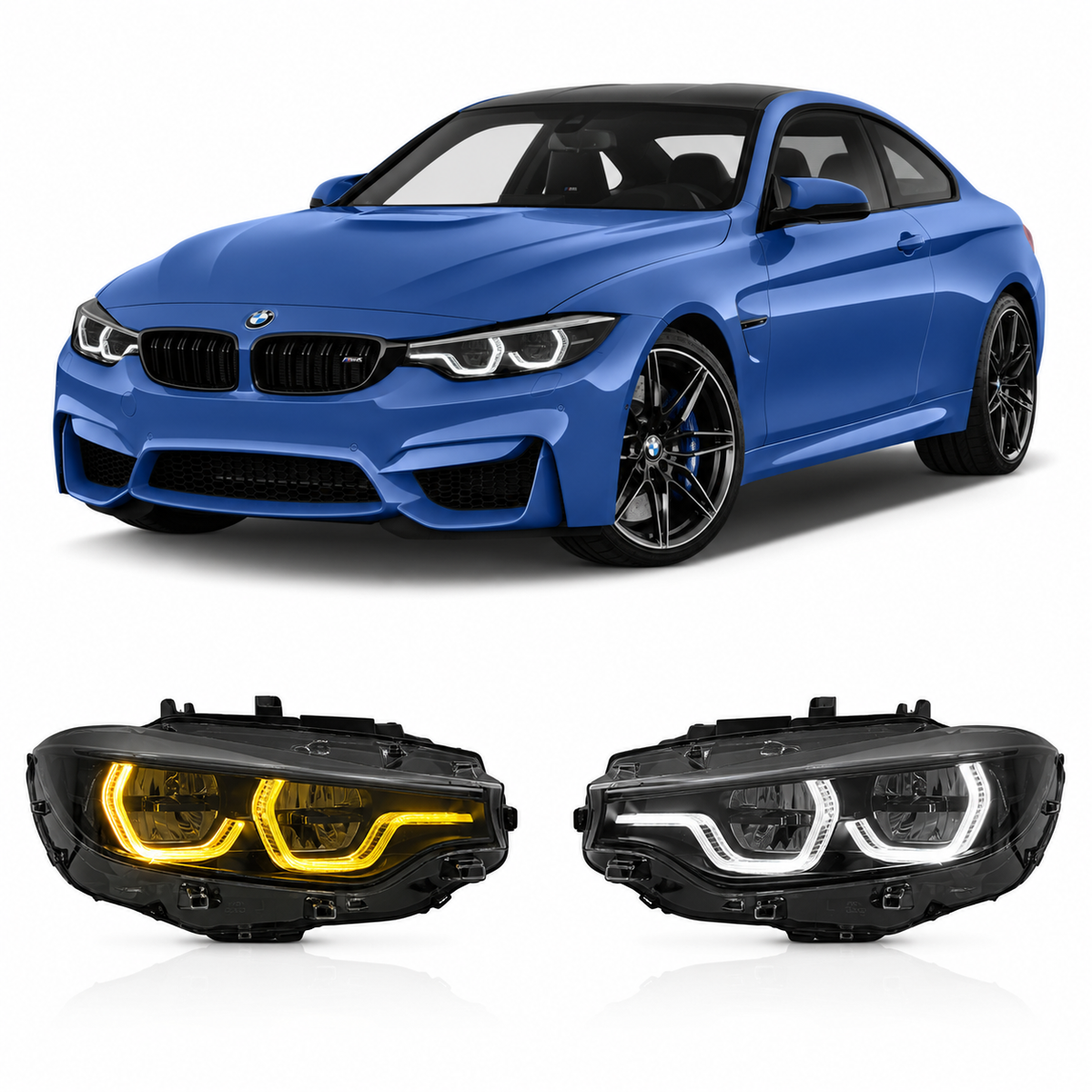Vekto V3 Shadow Line LED headlights for BMW 4 Series F32/F33/F36, M4 F82, and M3 F80 showcasing sleek headlight design