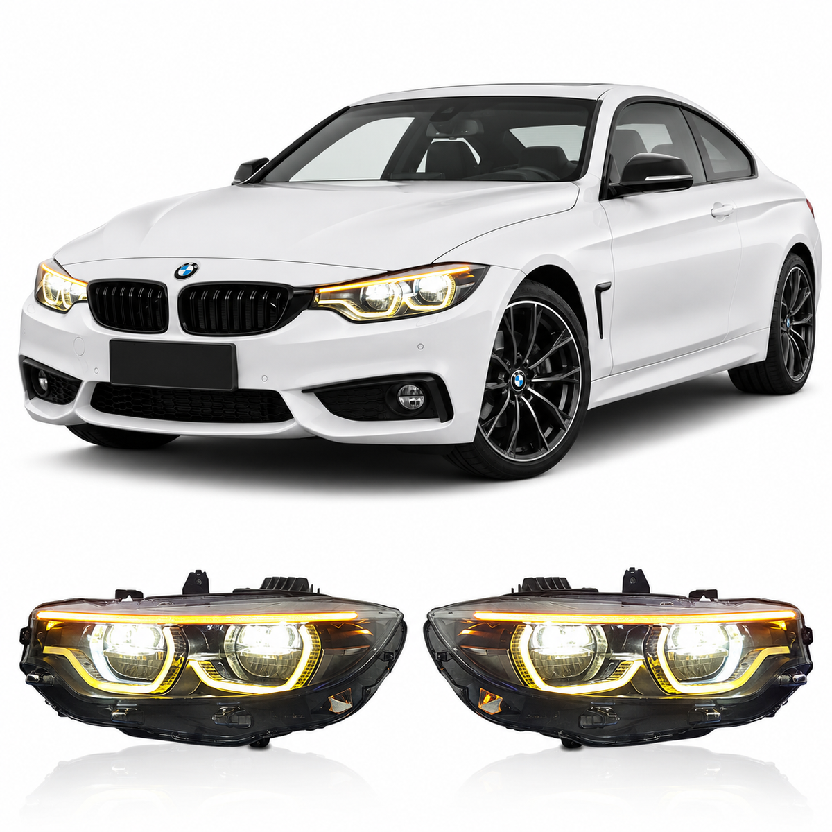 Vekto V2 IKON dual-color LED headlights for BMW 4 Series F32, F36, F80, F82 2014-2020, showing illuminated LED light bars
