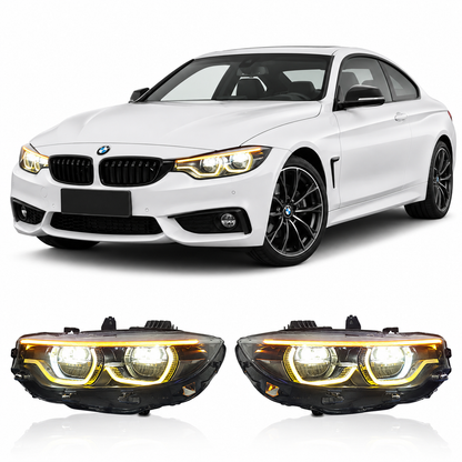 Vekto V2 IKON dual-color LED headlights for BMW 4 Series F32, F36, F80, F82 2014-2020, showing illuminated LED light bars