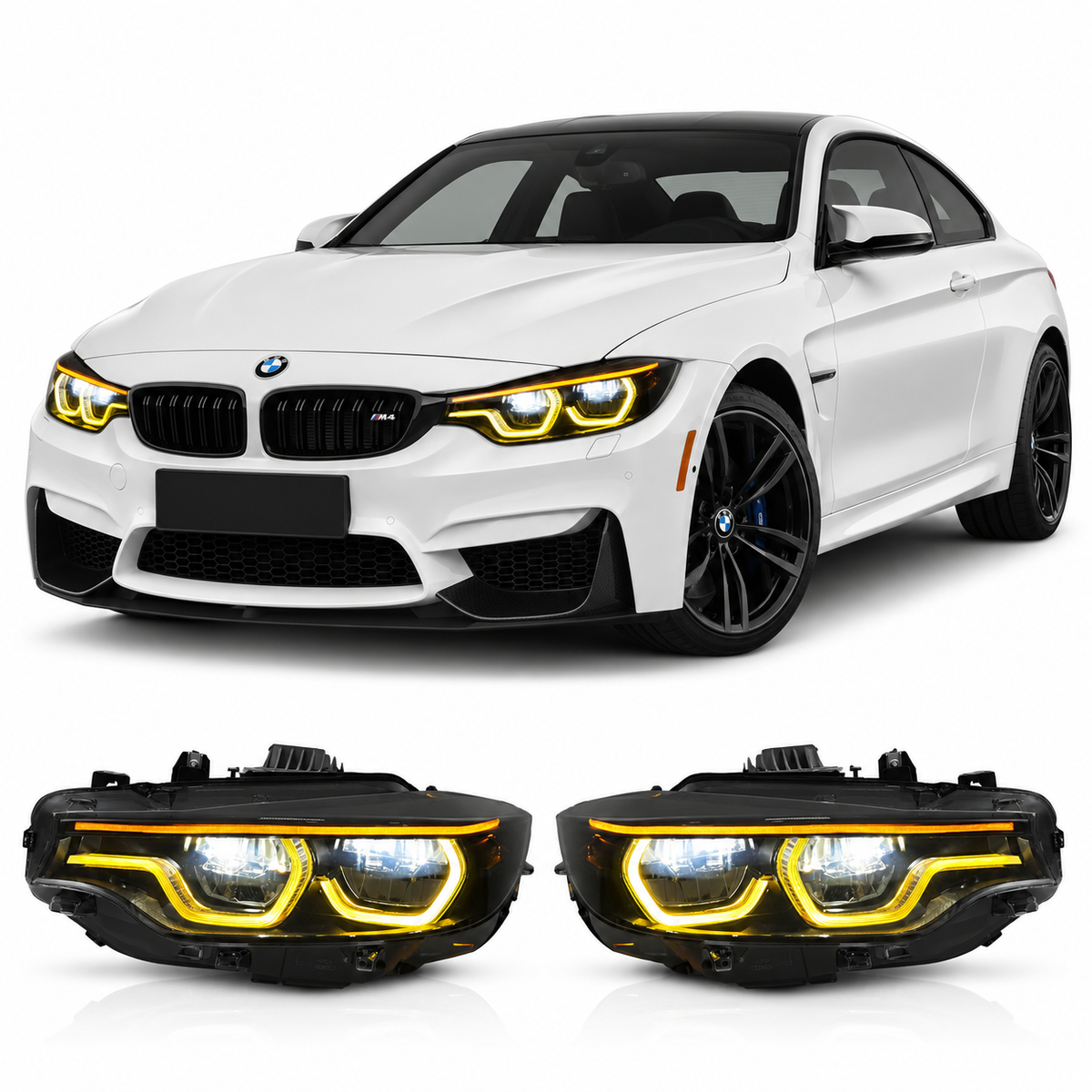 V3 Smoked IKON Tri-Color LED Headlights for BMW F32, F36, F80, F82 M3 & M4 2013-2019 by Vekto, showcasing smoked lenses and LED design.