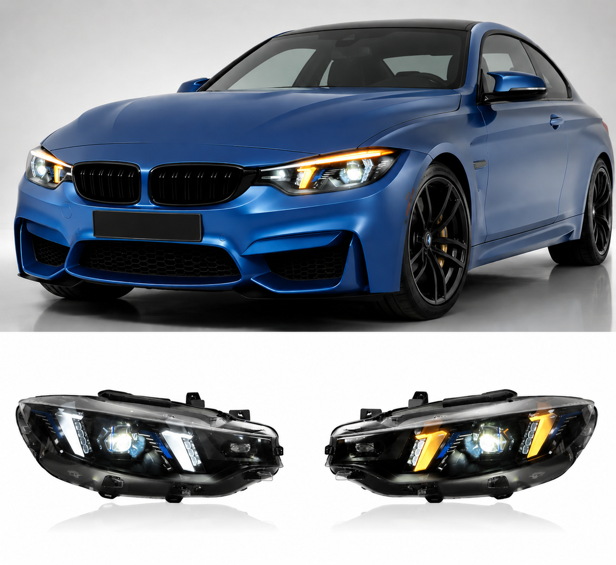 Vekto Snake Eye LED headlights assembly for BMW 4 Series F32 M3 F80 F82 with dual color DRL, plug and play upgrade.