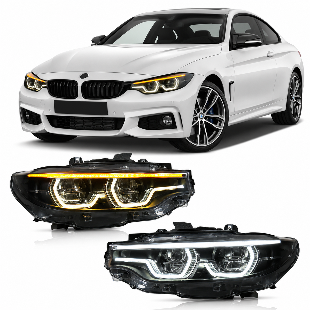 Vekto V3 IKON Style LED headlights for BMW 4 Series F32/F33/F82 2013-2017, showcasing sleek headlight design with LED accents.