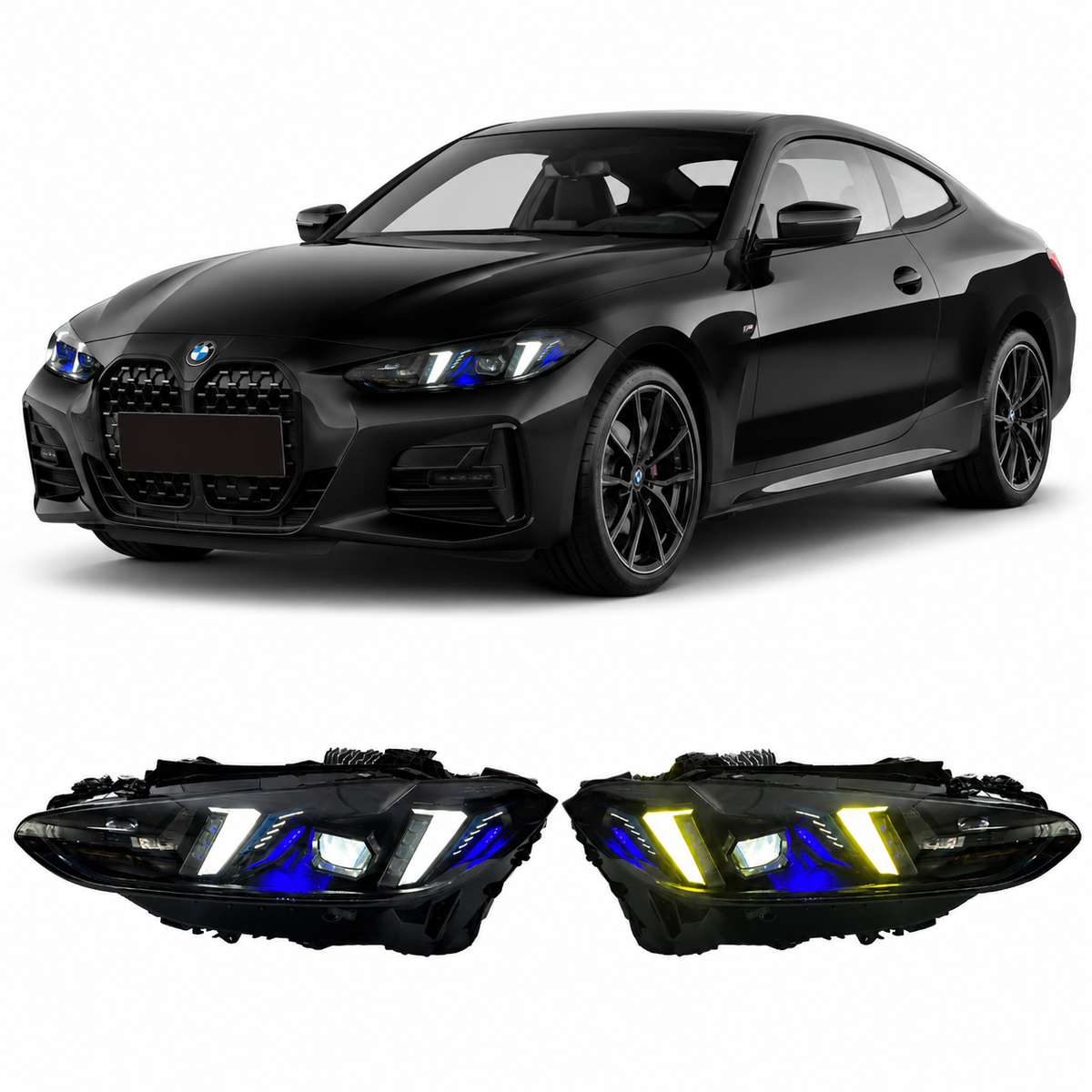 Vekto triple-color snake eye LED headlights for BMW G22 G82 2021-2025, featuring stylish multi-color LED light design.