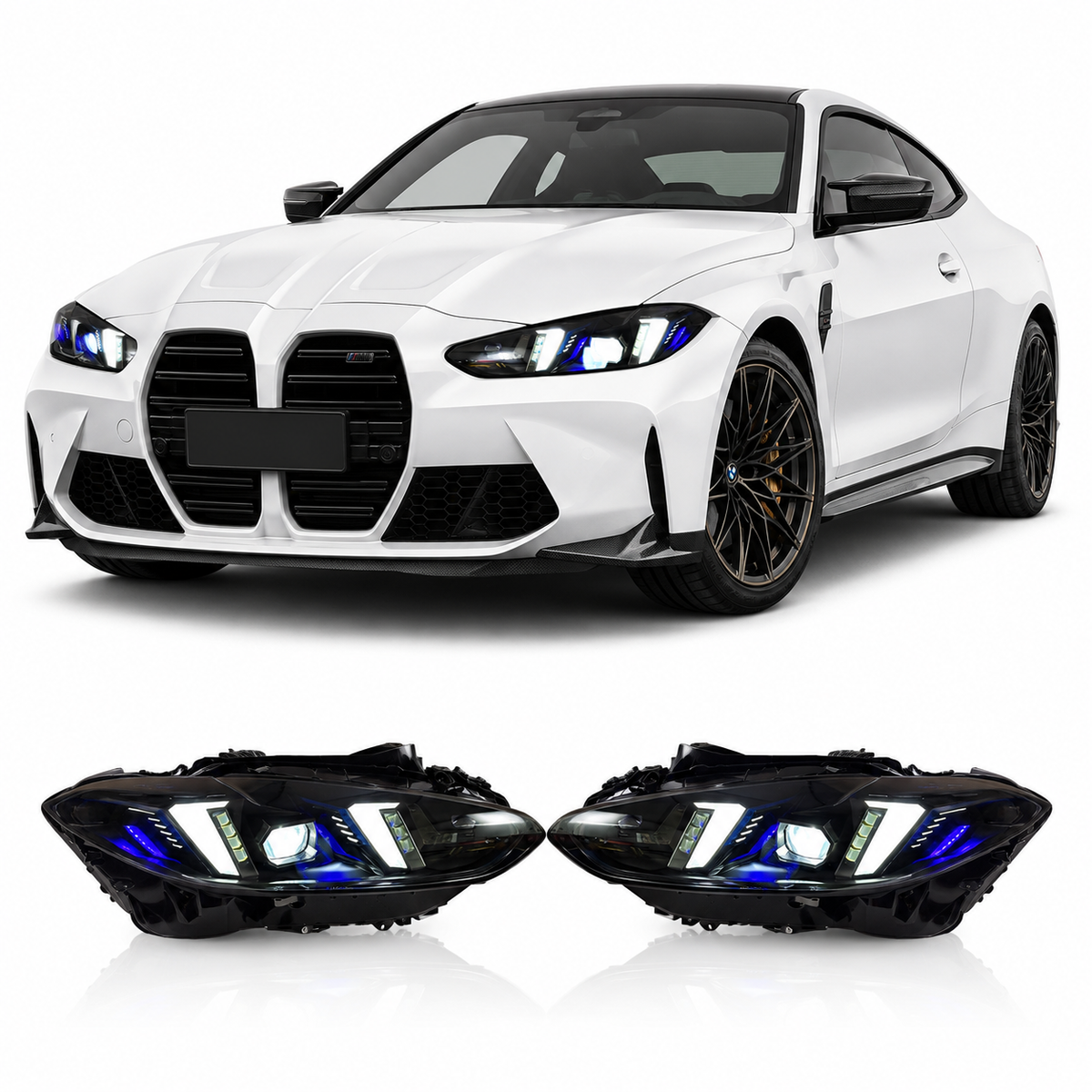 Vekto V3 smoked snake eye tri-color LED headlights for BMW G22 4 Series, G80 M3, and G82 M4, 2021-2025, front view