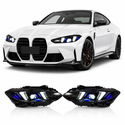 Vekto V3 smoked snake eye tri-color LED headlights for BMW G22 4 Series, G80 M3, and G82 M4, 2021-2025, front view