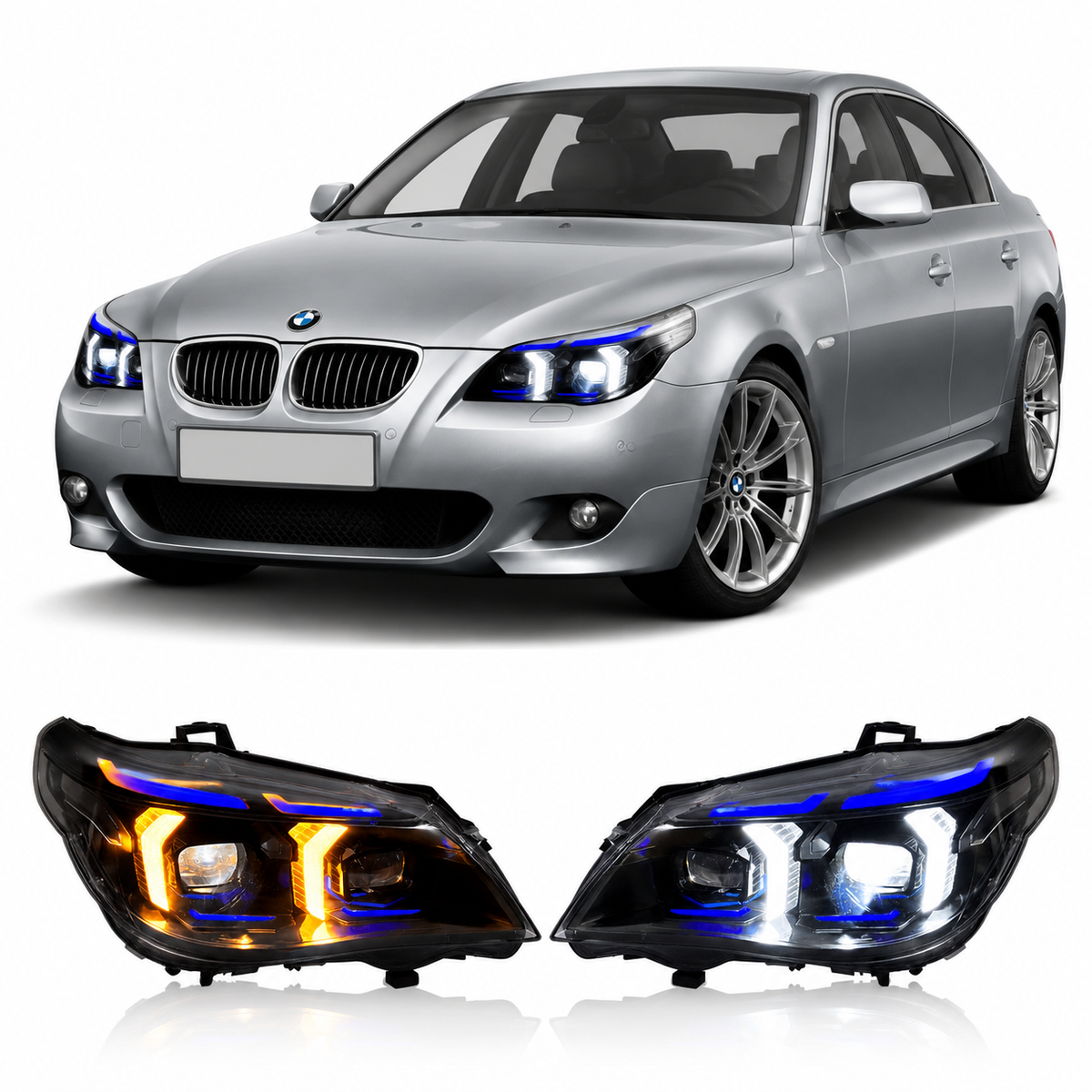 Vekto dual color LED snake eyes headlights assembly for BMW 5 Series E60 (2003–2010) with distinctive LED daytime running lights.