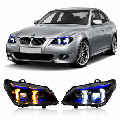 Vekto dual color LED snake eyes headlights assembly for BMW 5 Series E60 (2003–2010) with distinctive LED daytime running lights.