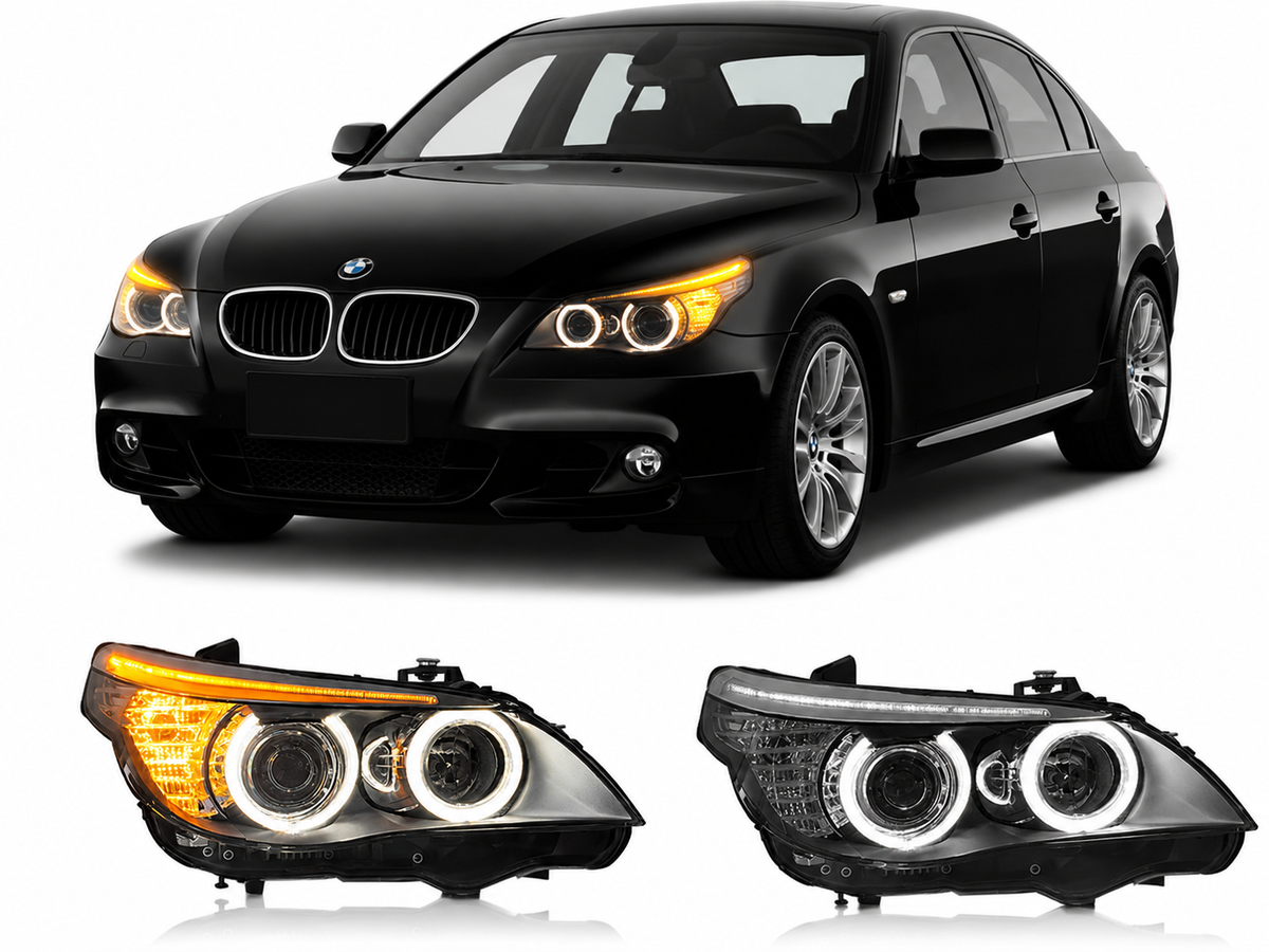 Vekto LED headlights for BMW 5 Series E60 (2003-2010), showcasing sleek design and bright illumination for vehicle lighting.