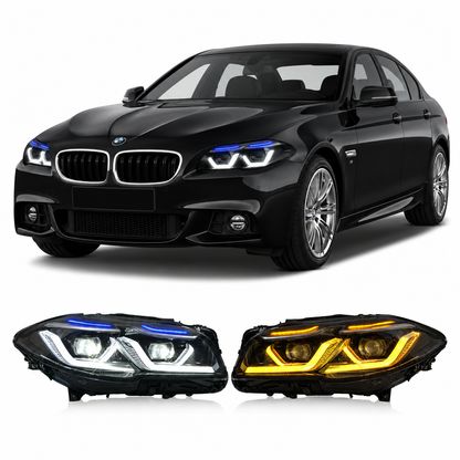 Vekto dual-color LED headlights for BMW 5 Series F10/F18 2011-2017, showing the headlights with bright LED illumination