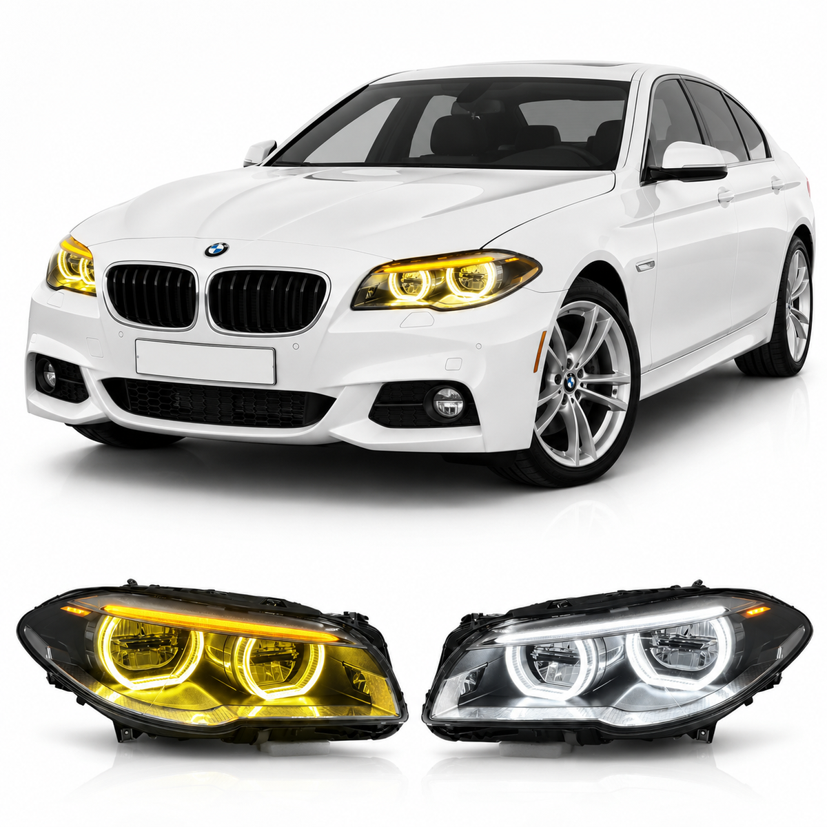 Vekto dual color angel eyes LED headlights assembly for BMW 5 Series F10 F18 (2010–2013) showing modern headlight design.