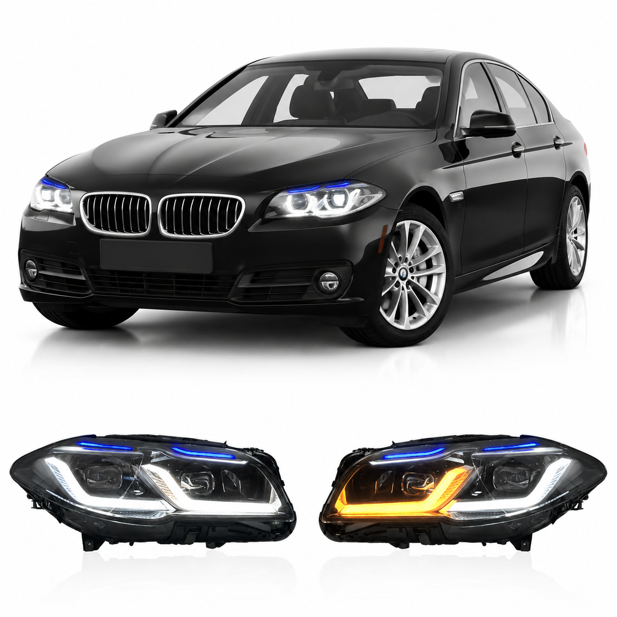 Vekto dual color LED headlights assembly for BMW 5 Series F10/F18, showing sleek headlight design with LED lighting elements.