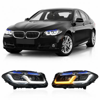 Vekto dual color LED headlights assembly for BMW 5 Series F10/F18, showing sleek headlight design with LED lighting elements.