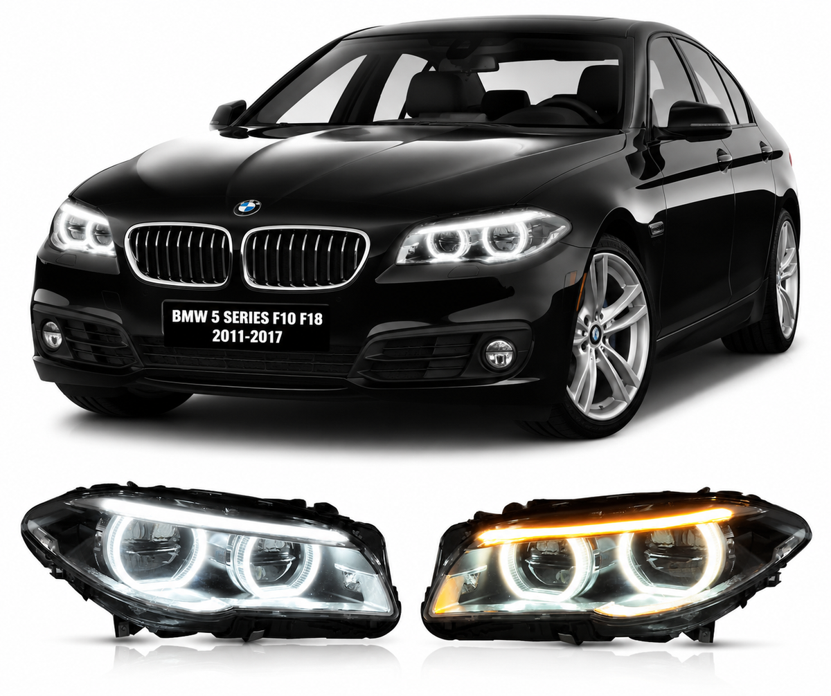 Vekto full LED headlights for BMW 5 Series F10/F18 2011-2017 with plug-and-play headlight assembly, detailed front view.