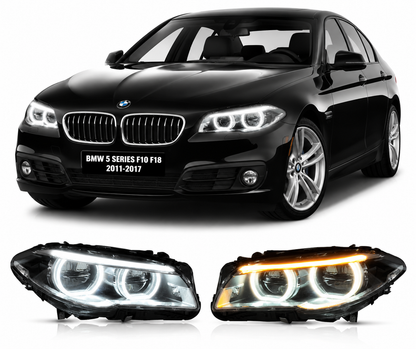 Vekto full LED headlights for BMW 5 Series F10/F18 2011-2017 with plug-and-play headlight assembly, detailed front view.