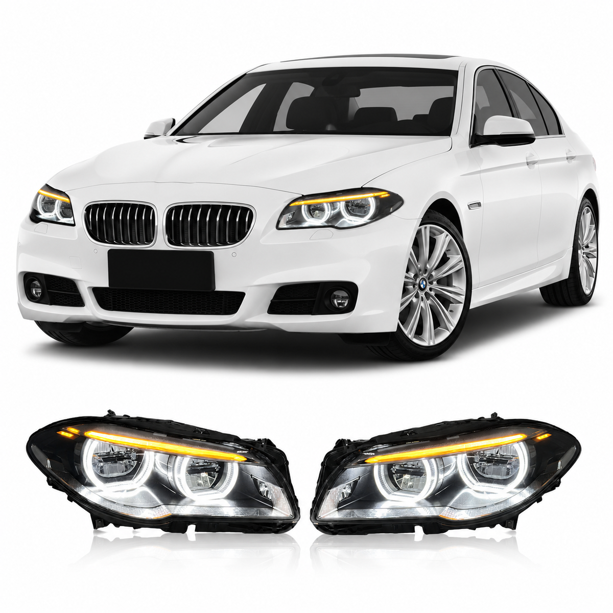 Vekto dual-color LED headlights for BMW F10/F18 5 Series 2011-2017, showing front view with LED lighting details