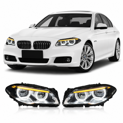 Vekto dual-color LED headlights for BMW F10/F18 5 Series 2011-2017, showing front view with LED lighting details