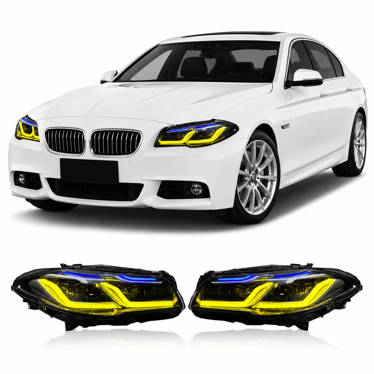 Vekto dual-color LED headlights for BMW F10 F18 5 Series 2010-2017, showcasing bright illumination and sleek design.