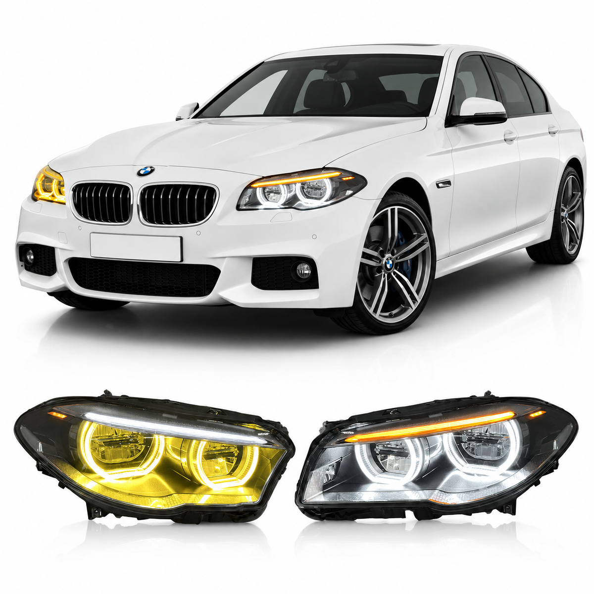 Vekto dual color angel eyes LED headlights assembly for BMW 5 Series F10 F18 2011-2017, showing the headlights with angel eye rings.