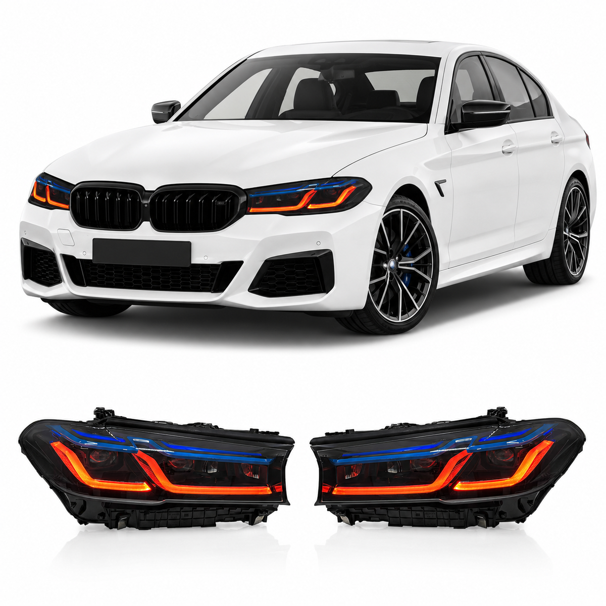 Vekto tri-color LED headlights for BMW G30 G38 5 Series 2018-2020, showing front view of sleek, modern headlight design
