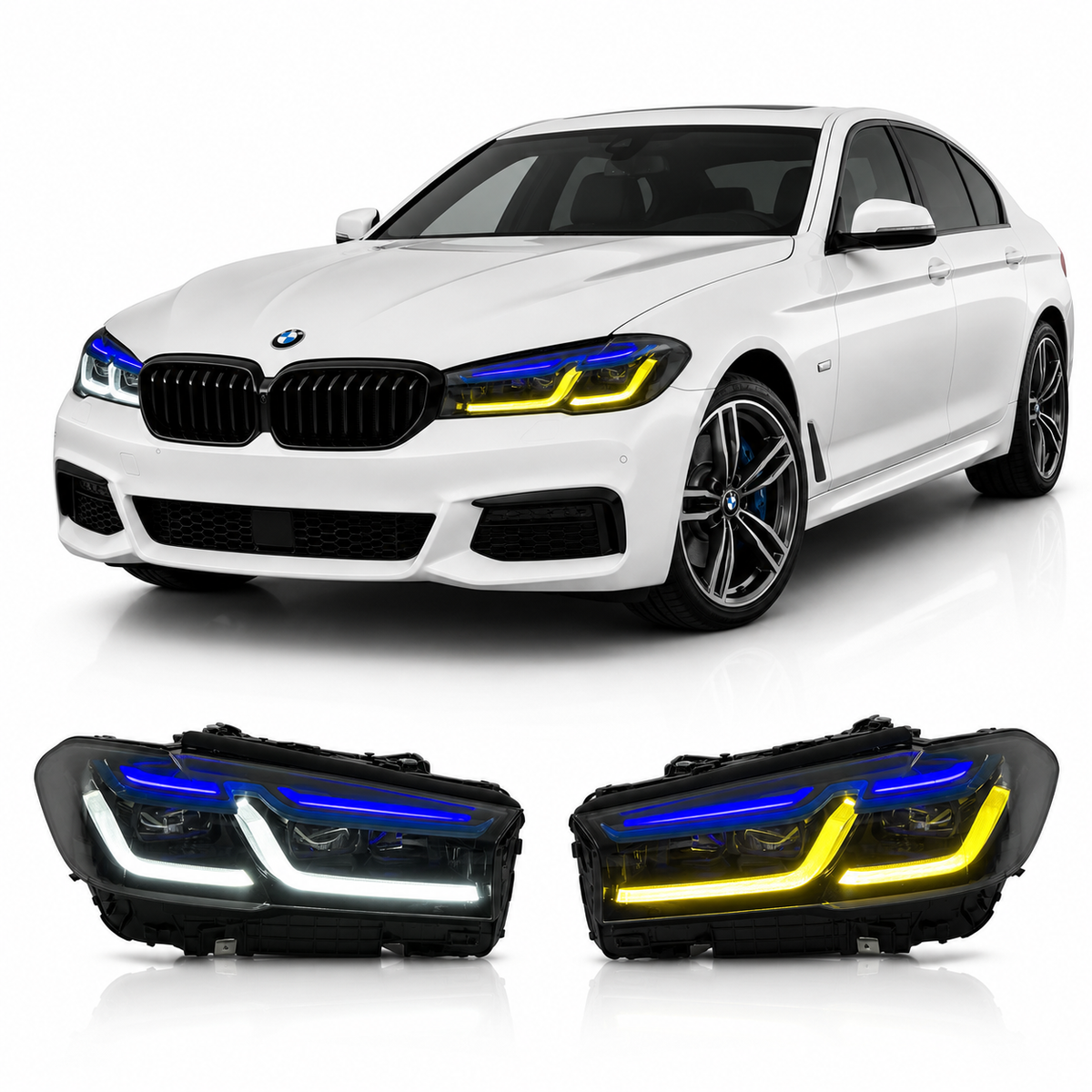 Vekto dual color LED headlights assembly for BMW 5 Series G30 G38 (2018–2020), showing front view with LED lighting details.