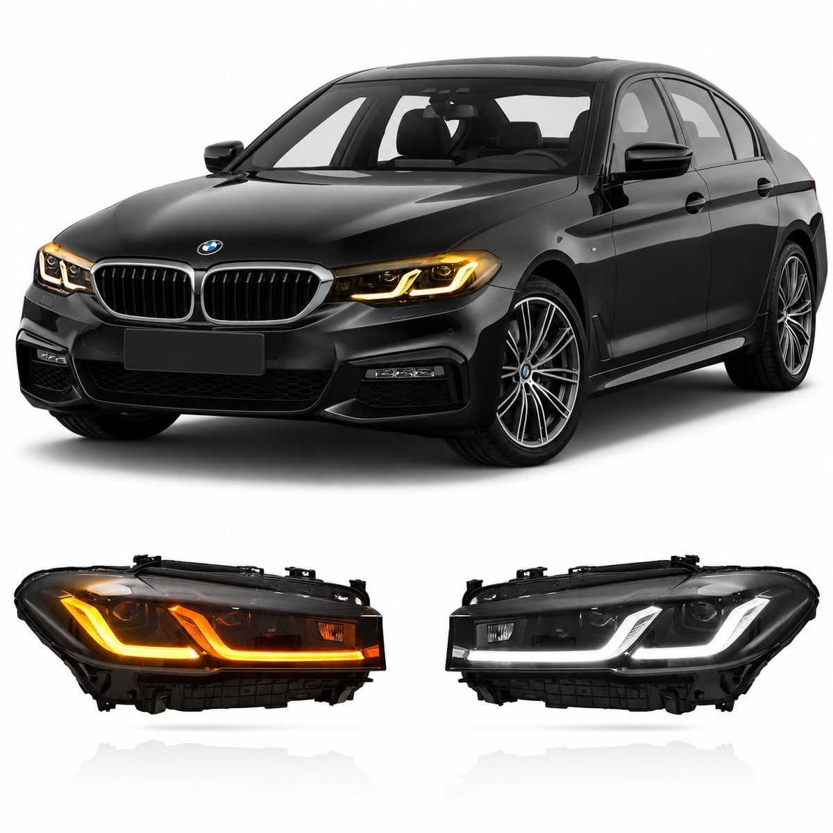 Vekto triple-color LED headlights for BMW 5 Series G30 G38 2018-2020 Pre-LCI, showcasing sleek automotive headlight design.