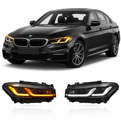 Vekto triple-color LED headlights for BMW 5 Series G30 G38 2018-2020 Pre-LCI, showcasing sleek automotive headlight design.