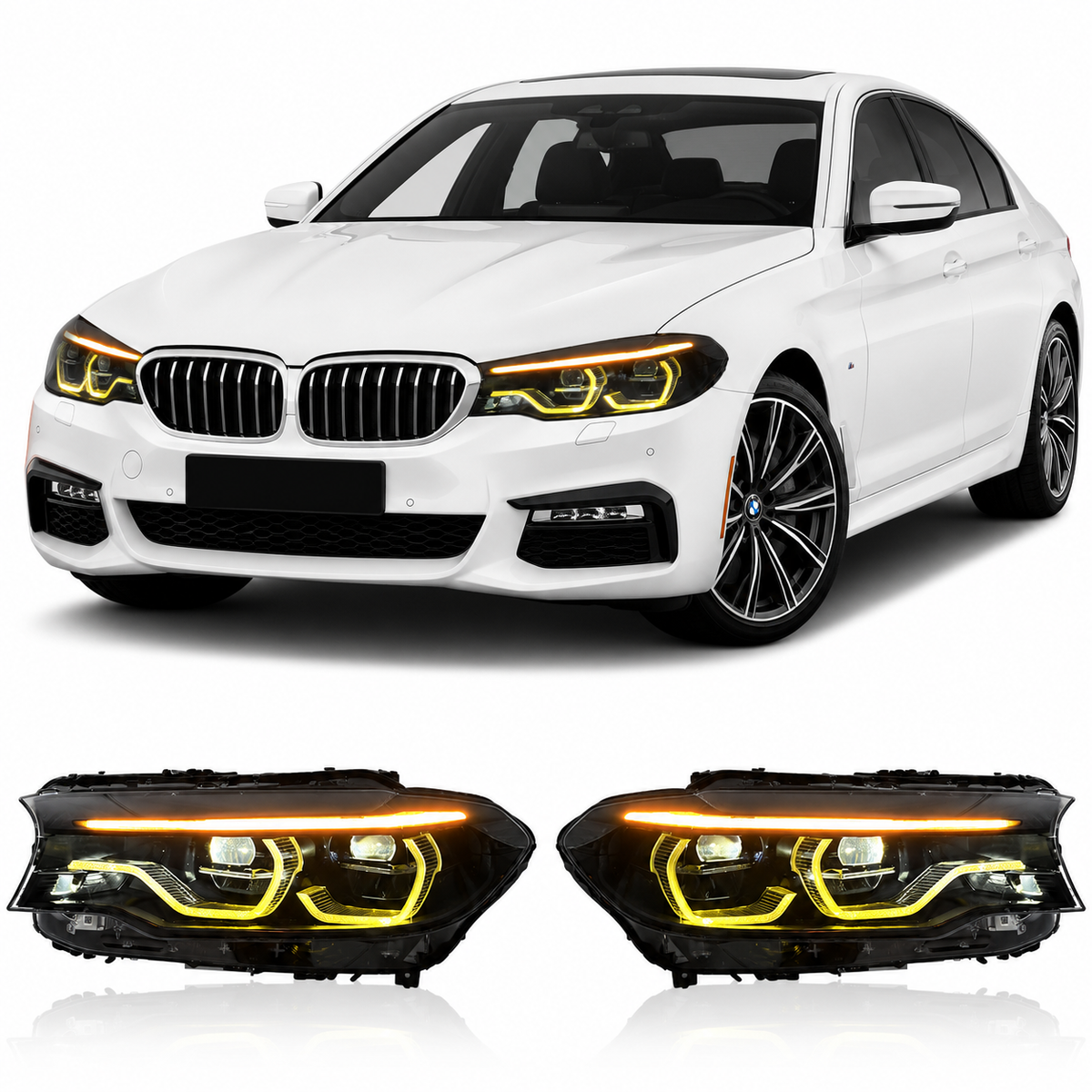 Vekto triple-color LED tail lights for BMW G30 G38 5 Series and M5 2018-2020, showing the illuminated multi-color LED design.