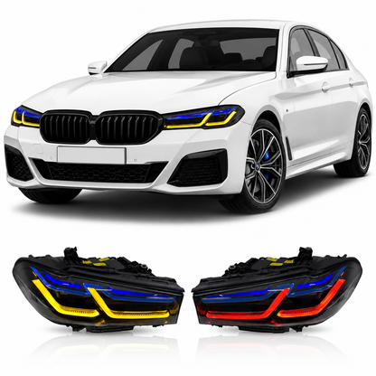 Vekto triple-color LED headlights for BMW 5 Series G30 G38 LCI 2021-2023, showing front view with multi-color LED design