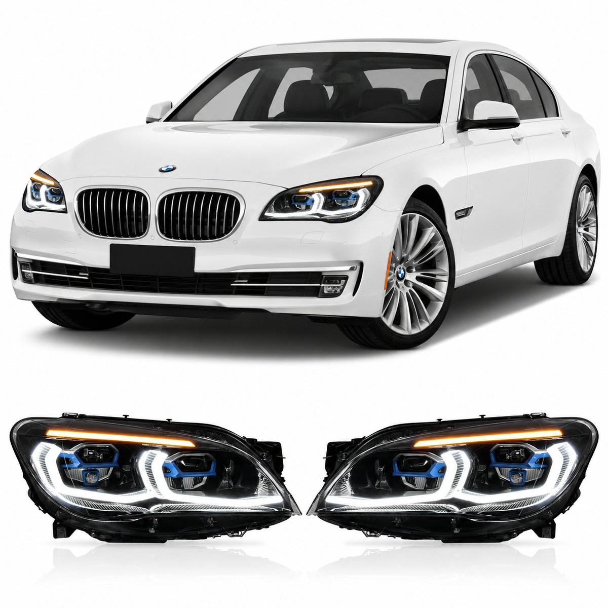 Vekto G12 Style dual-color LED headlights for BMW 7 Series F01/F02 2009-2015, showing sleek design and bright LED lighting.