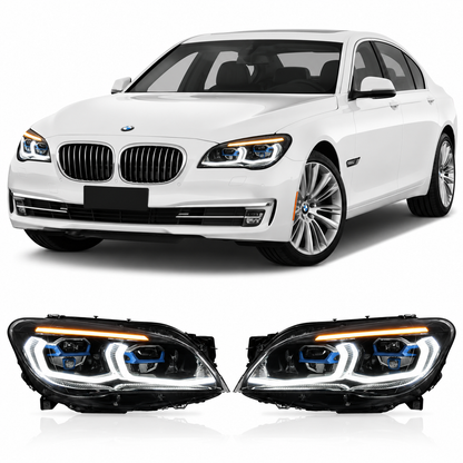 Vekto G12 Style dual-color LED headlights for BMW 7 Series F01/F02 2009-2015, showing sleek design and bright LED lighting.
