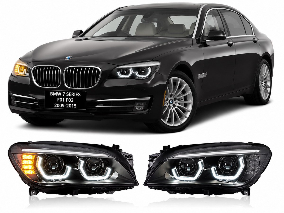 Vekto LED headlights for BMW 7 Series F01/F02 2009-2015, showing the bright headlight assembly with modern design.